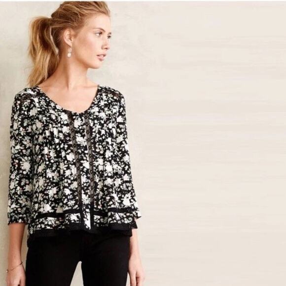 Anthropologie Maeve Celyn Floral Lace Peasant Top Blouse Flowy Size Womens 10 - Picture 1 of 11